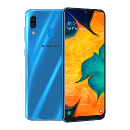 Rear-facing Galaxy A30 behind Galaxy A30 in portrait mode, with a yellow and green flower onscreen.