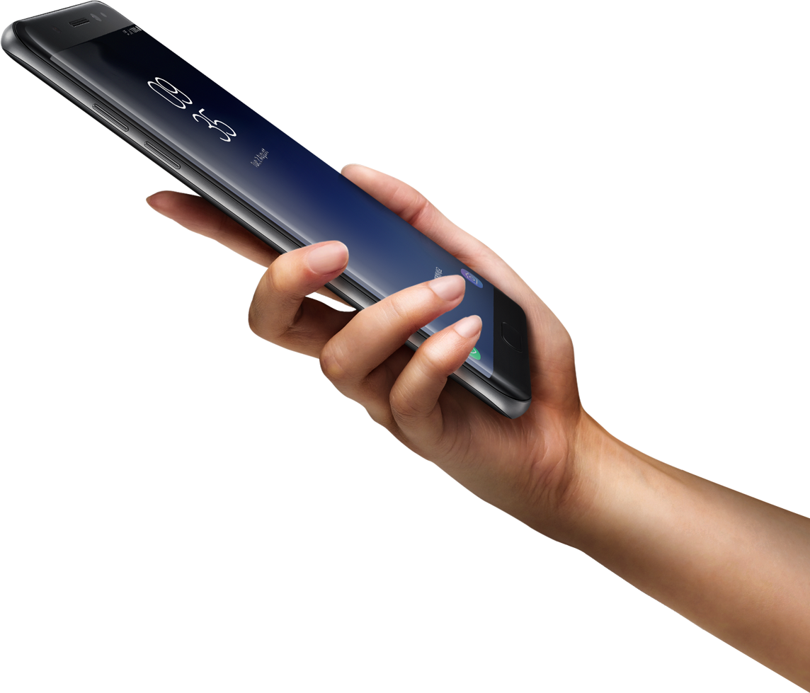 Hand holding the Galaxy Note FE Blue Coral