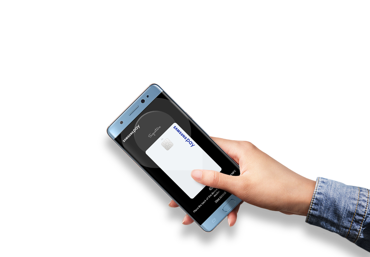 Hand is holding Galaxy Note FE Gold Platinum with Samsung Pay screen