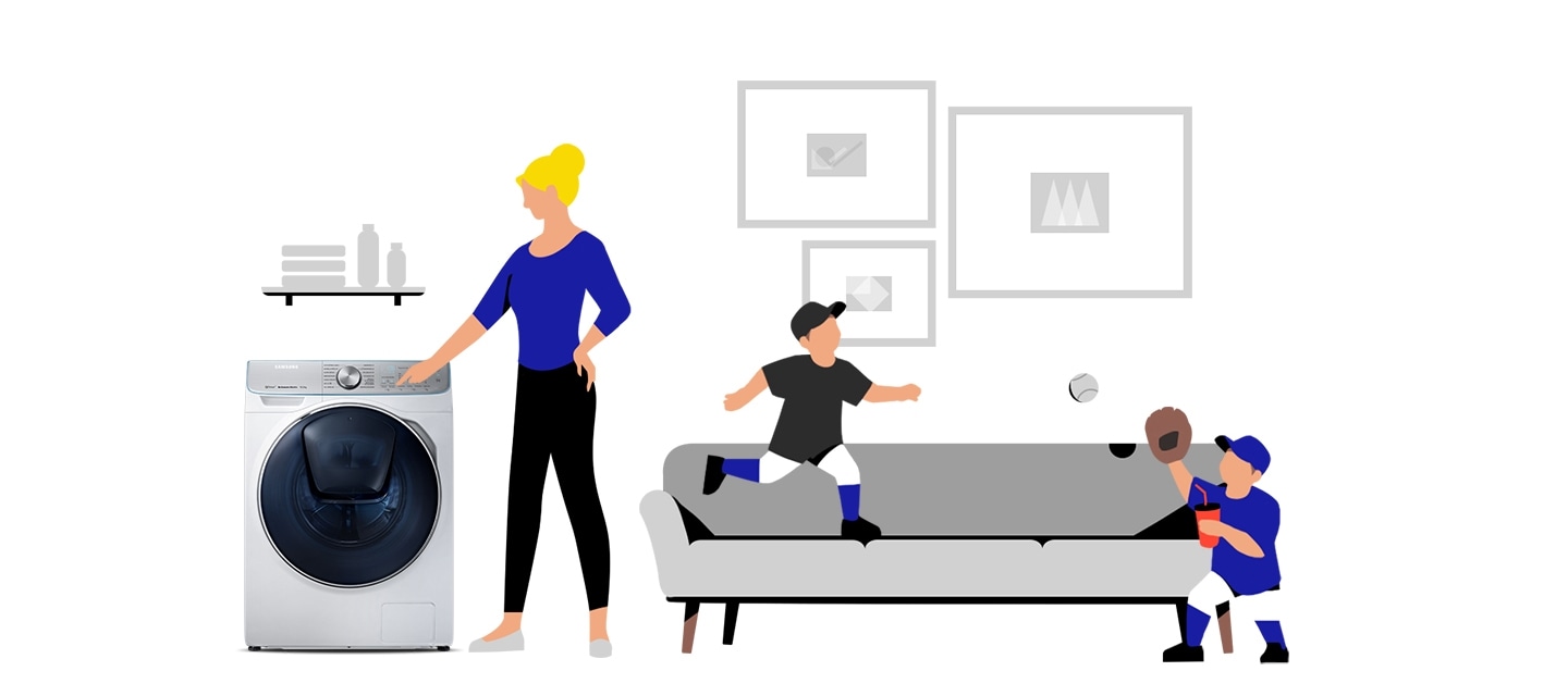 In house children is playing baseball when their mom does laundry