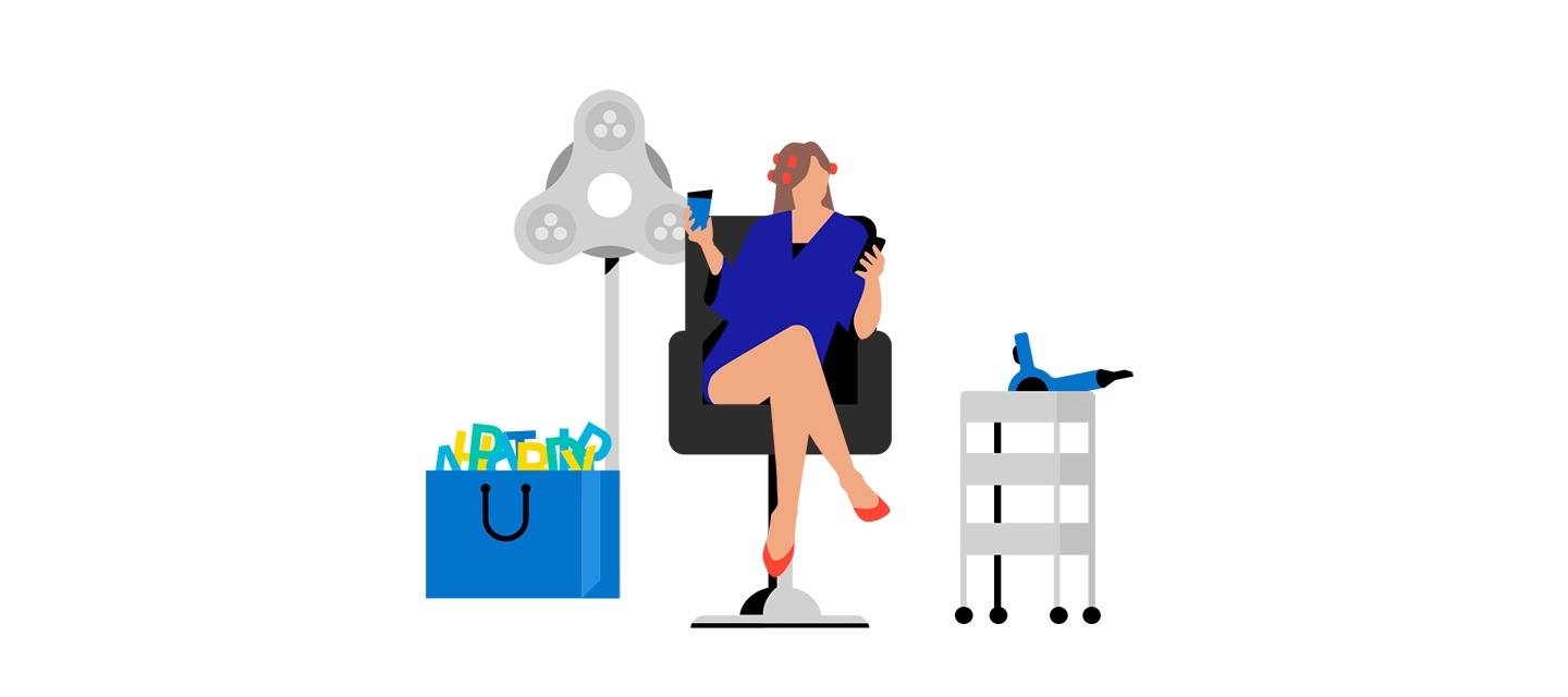 Operating Quick drive with smart control while Claire do her hair in a beauty salon.