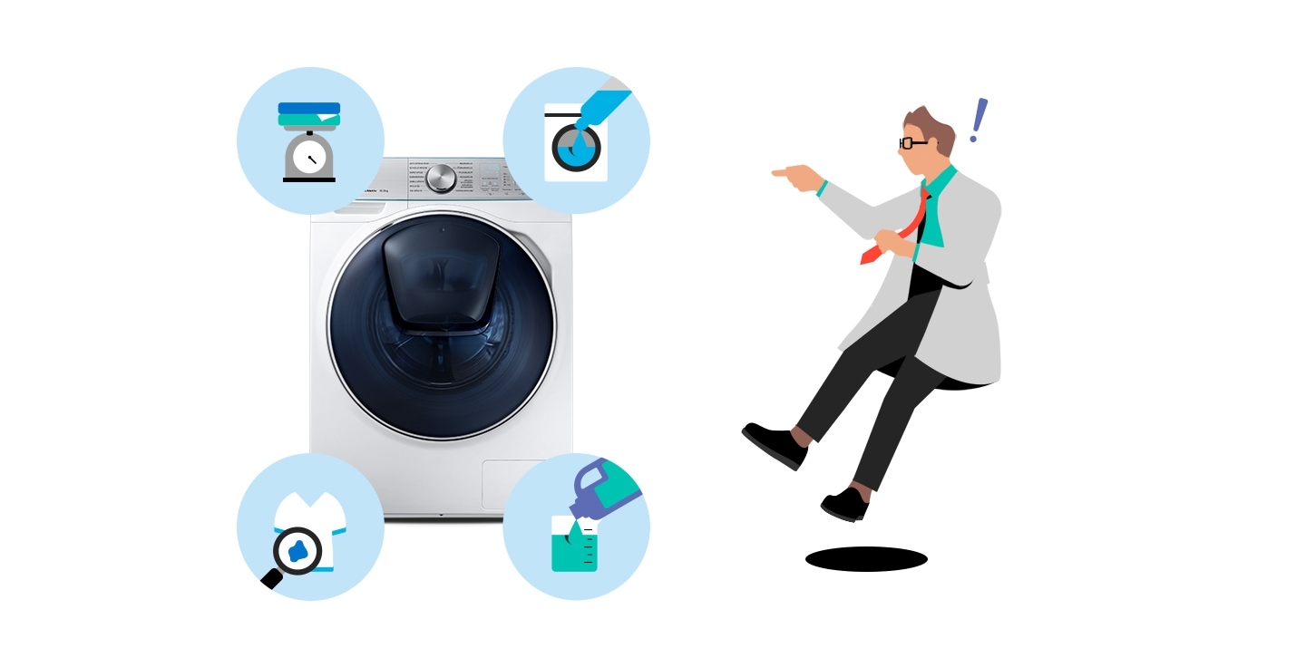 Oliver surprised looking at Quick drive. The function of measuring the weight of laundry. The function of calculating the amount of laundry. The function of calculating the amount of pollution of the clothes. The function of measuring the amount of detergent