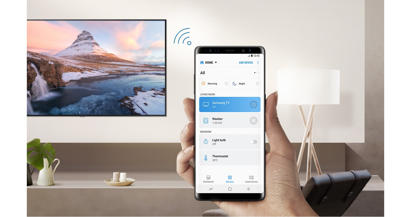 Connecting mobile phone to Smart TV via SmartThings app with Wi-Fi icon.