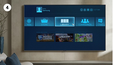 Learn how to set up and use Steam Link on Samsung Smart TV. Step number 4 is to access Library from Steam Link main page.