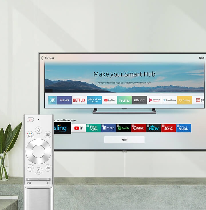 One Remote Control and Smart TV; Smart Hub preview screen with the caption "Make your Smart Hub. Add your favorite apps to create your own smart hub."