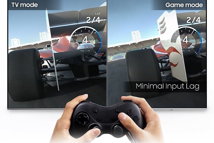 A comparison of Samsung Super Big TV's input lag in Game mode and TV mode. The right side of the screen is the Game mode and it has less input lag.