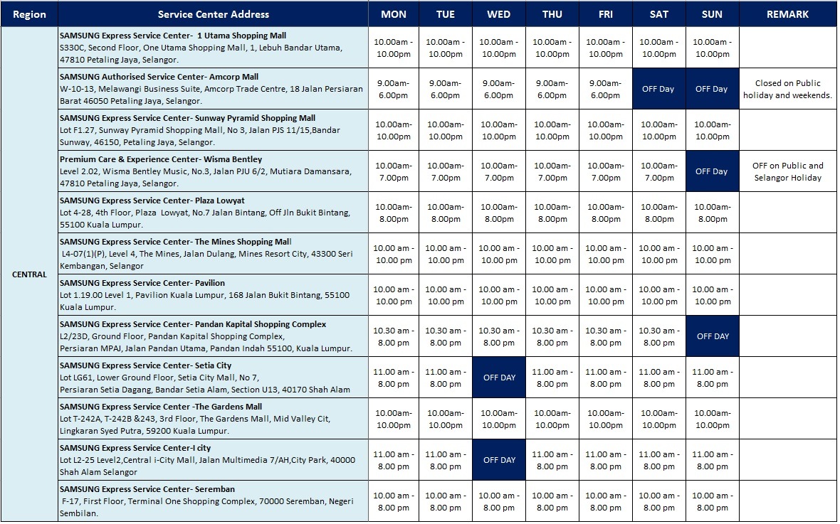 service center operation hours