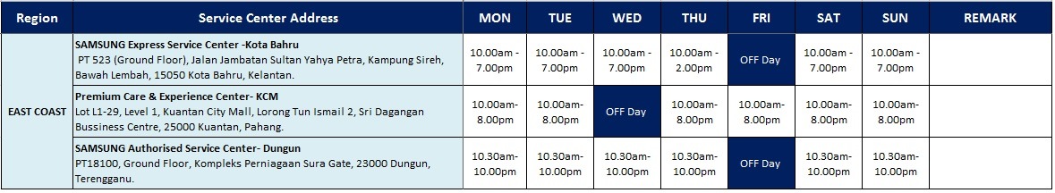 service center operation hours