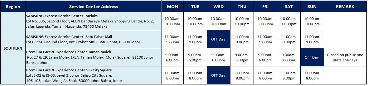 service center operation hours