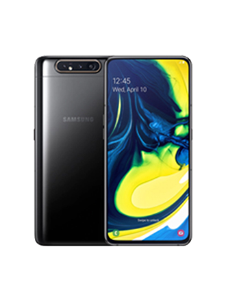 Arrière d’un téléphone Galaxy A80 noir, avec l’avant d’un téléphone Galaxy A80 noir légèrement superposé sur le dessus.
