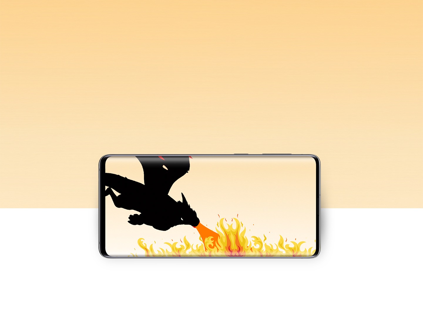 On voit un dragon noir voler à l’intérieur d’un téléphone Galaxy, soufflant du feu et laissant une traînée de flammes derrière lui.