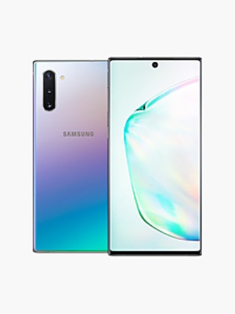 Arrière d’un téléphone Galaxy Note10 argent stellaire, avec l’avant d’un téléphone Galaxy Note10 noir légèrement superposé sur le dessus.