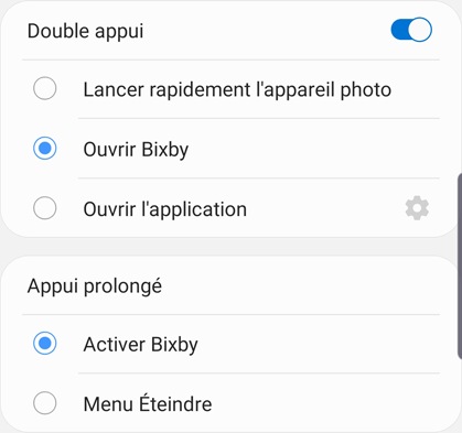 Capture d’écran du Note10 montrant comment personnaliser la touche latérale pour activer/ouvrir Bixby