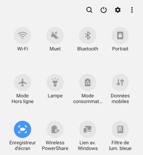 Image d’un panneau rapide affichant le menu de sélection de la fonction enregistreur d’écran