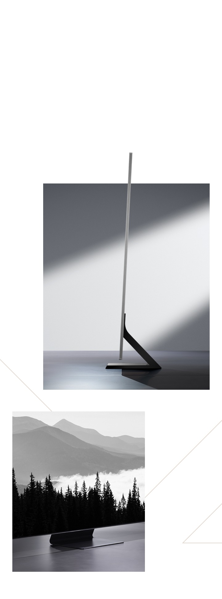 Deux images montrent le design du téléviseur QLED Samsung : un design sur pied ultra-fin et un profil avec un cadre quasiment invisible.
