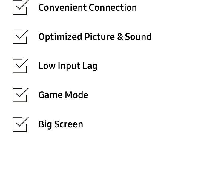 Une liste de contrôle avec des cases à cocher montre 5 éléments à prendre en compte lors de l’achat d’un téléviseur de jeu. Cette liste de contrôle comprend la connexion pratique, l’image et le son optimisés, le faible décalage d’entrée, le mode jeu et le grand écran.