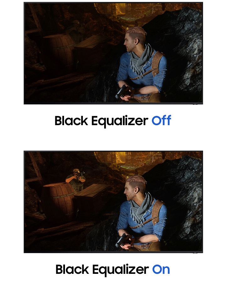 Deux images identiques avec une scène de jeu montrent une différence par fonction Black Equalizer pour obtenir la meilleure qualité d’image pour le téléviseur de jeux. L’image avec Black Equalizer Off (égaliseur noir désactivé) est sombre et difficile à voir, mais une autre avec l'égaliseur noir activé est claire.