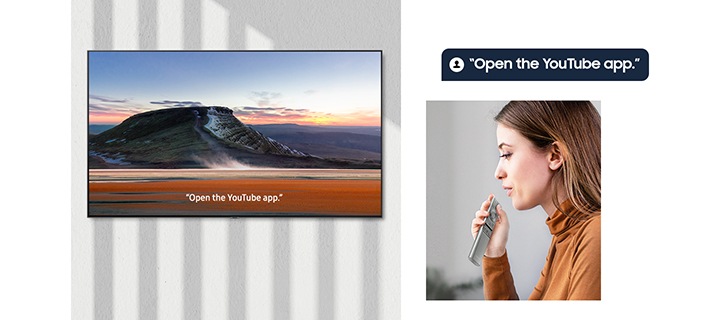 Une femme dit « Ouvrir l’appli YouTube » à la télécommande Samsung One en utilisant la commande vocale, et un téléviseur intelligent mural ouvre l’application YouTube.