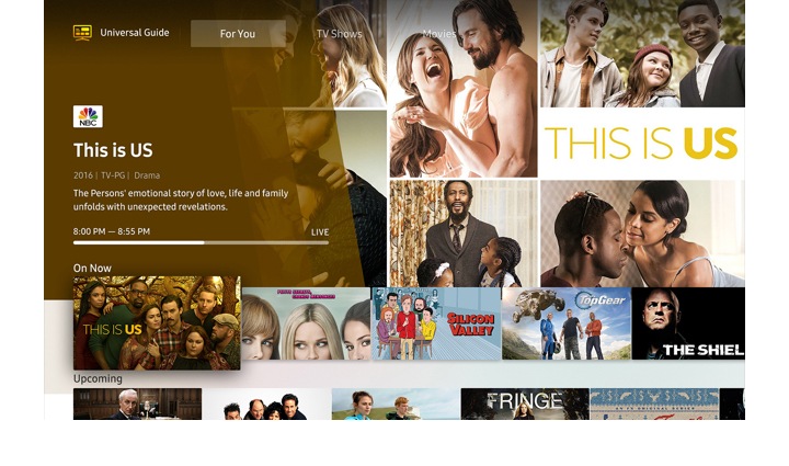 Un résumé de « This is us » et son temps de lecture actuel sont affichés sur un téléviseur intelligent. D'autres contenus télévisuels divers sont également présentés autour du résumé pour illustrer le contenu vidéo recommandé suggéré par le Guide universel.