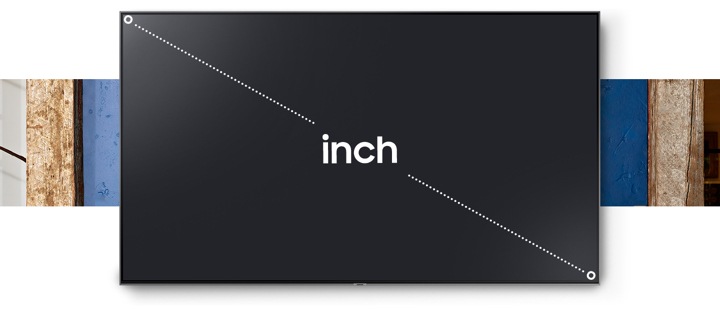Un téléviseur, avec l’intitulé « pouces » au centre, montre que la taille de l’écran est mesurée en diagonale de l’écran en affichant des lignes pointillées et tracées en diagonale sur le téléviseur.
