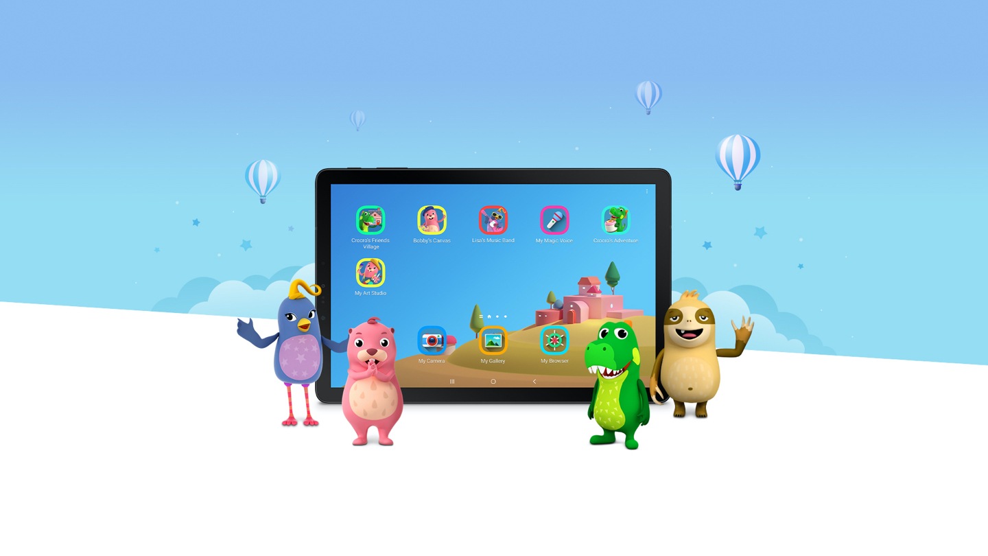 Un smartphone devant un arrière-plan illustré avec une image simulée de l'interface utilisateur Samsung Kids et les applications suivantes affichées à l'écran : Village des amis de Crocro, Zone dessin de Bobby, Groupe musi. de Lisa, Ma voix magique, Aventure de Crocro, Mon navigateur, My Mon atelier artistique, My Phone, My camera et Ma galerie. Avec les personnages du village de Samsung Kids Cooki, Crocro, Bobby et Lisa, les enfants peuvent apprendre en jouant.