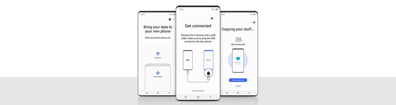 Three Smartphones next to each other with the steps on how to use Smart Switch on screen