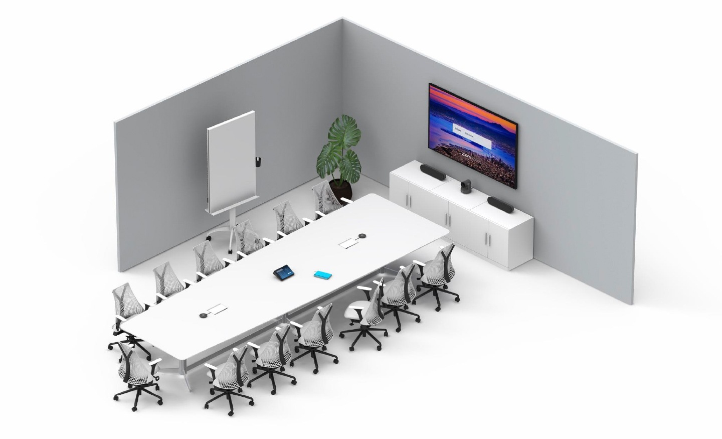 Salle de réunion avec écran Samsung Smart Signage et caméra logitech
