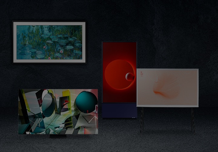 Samsung The Frame TV met QLED 8K TV eronder en een The Sero TV en THe Serif TV aan de rechterkant