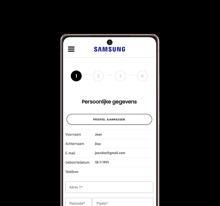 A Galaxy Note20 with step 1 of the registration form