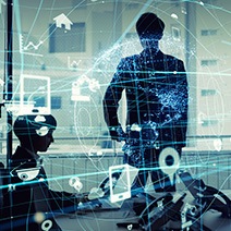 Two people behind a hologram with digital icons like waypoints and smartphones