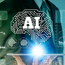 Man holding a tablet with a 'data'brain with AI written on it above the tablet
