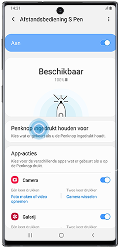 Tik op “De Pen ingedrukt houden om” in S Pen menu