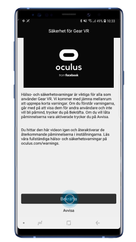 Tryck på Acknowledge för att acceptera Gear VR säkerhetsinformation