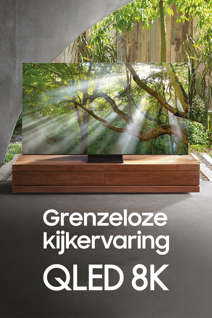 We zien de Samsung QLED TV 2020 met Quantum Dot-technologie schuin van de zijkant. Met de tekst 'Weergaloze QLED 8K' en Quantum AI-icoontje.
