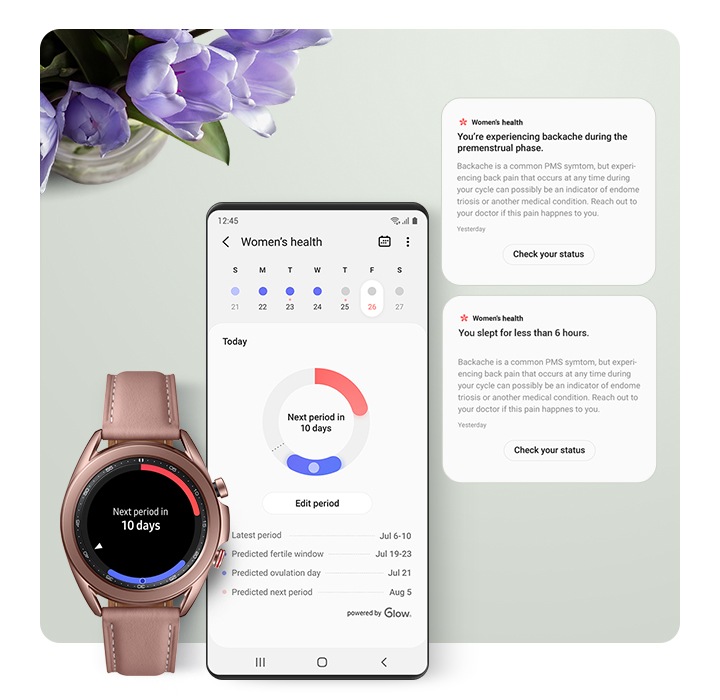 En GUI-skjerm for smarttelefon og Galaxy Watch viser informasjon om sporing av menstruasjonssyklus for kvinner i Samsung Health appen.