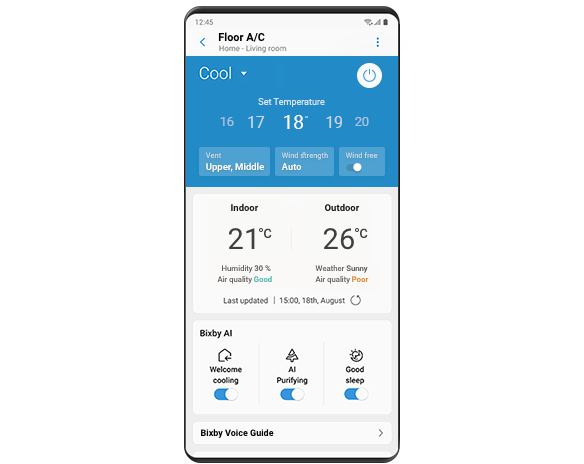 En Galaxy-skjerm viser SmartThings Welcome Cooling-grensesnittet med en måltemperatur, inne- og utetemperaturer og ekstra innstillinger.