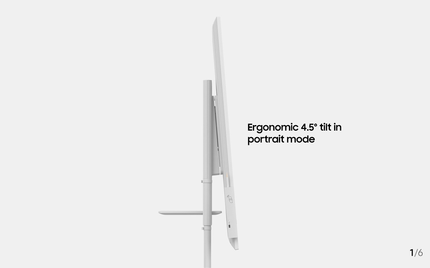 An image showing the side of a Samsung Flip device with text that reads "Ergonomic 4.5Â° tilt in portrait mode" (6-1).