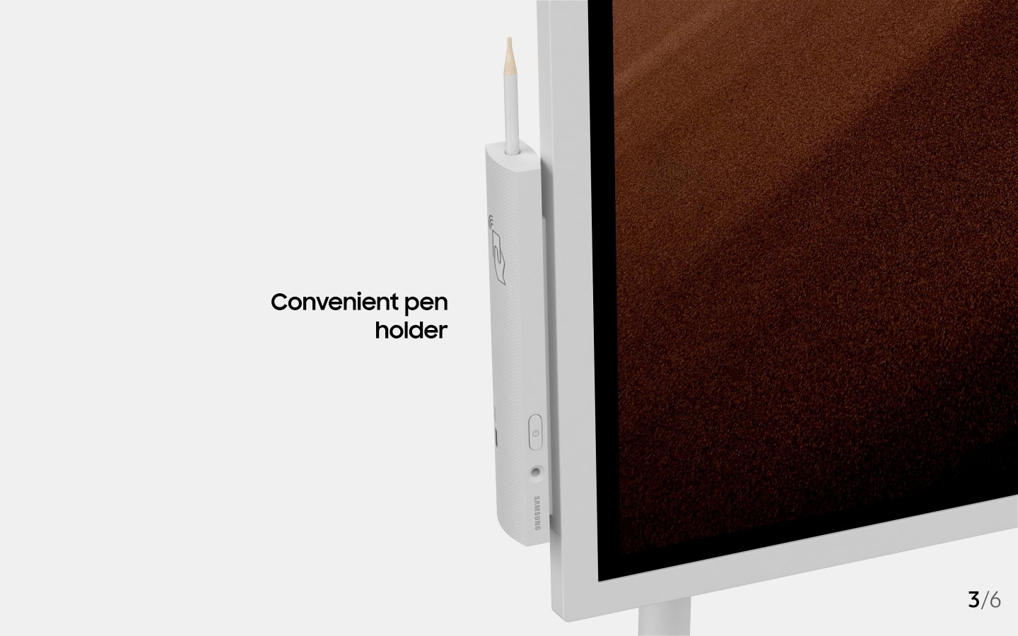 An image showing a magnified image of a Samsung Flip device's pen holder, displaying its NFC tag with text that reads "convenient pen holder"(6-3).