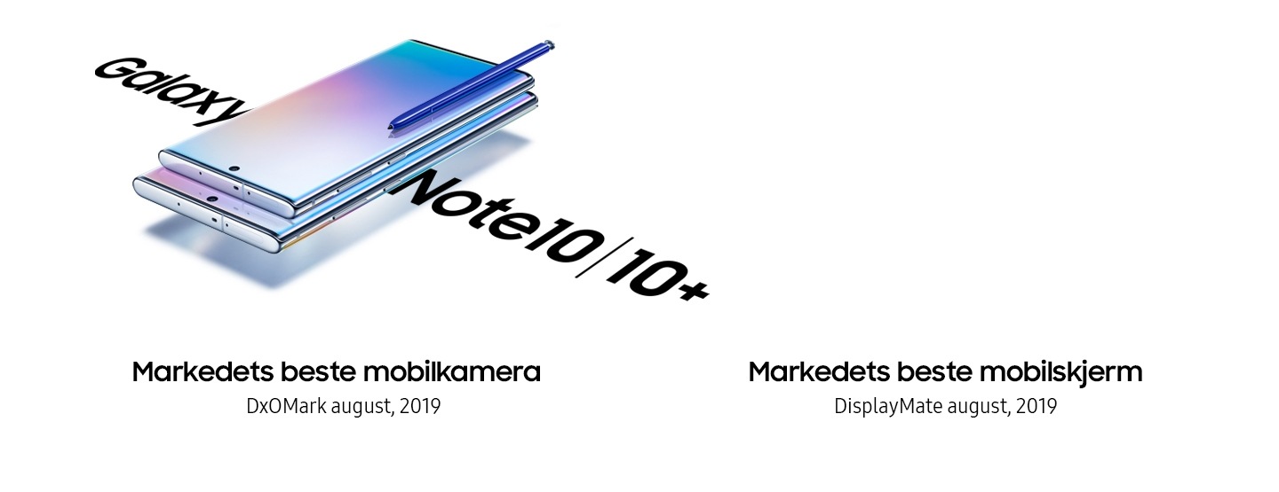 Galaxy Note10 ligger oppå en Galaxy Note10 plus, begge ligger skrått med baksiden ned og med en blå S Pen på toppen av Galaxy Note10. Begge telefoner har en hellende grafikk på skjermen, og på den andre siden av telefonene står teksten Galaxy Note10 | Note10+ plus.