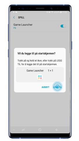 Bekreft at du vil legge til Game Launcher på hjemskjermen