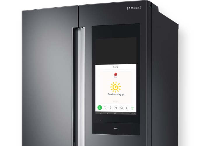 Refrigerator Accessible Screen displays memo with 'Good morning'