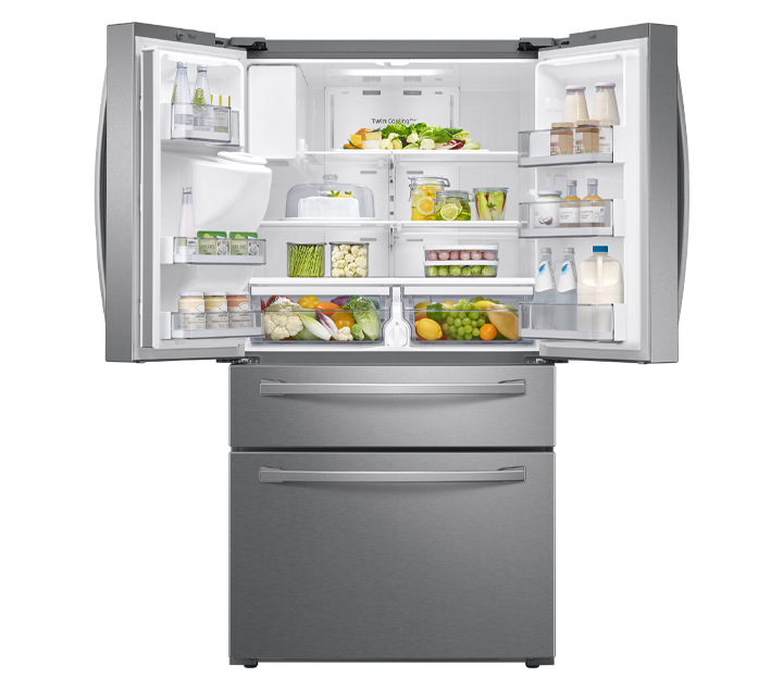 Refrigerator doors are open which there are beverage,vegetable and various food.