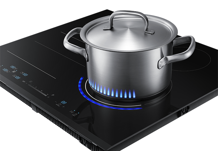 A pot with the virtual flame is on the induction.