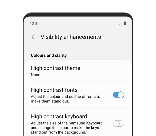 The 'Visibility enhancements' menu is displayed. High contrast fonts is turned 'on'. The description text reads: Adjust the color and outline of fonts to make them stand out.