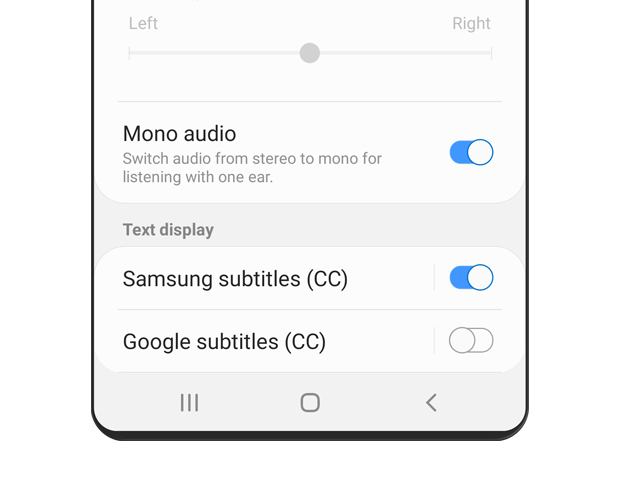 Mono audio is turned 'on'. The description text reads: Switch audio from stereo to mono for listening with one ear.