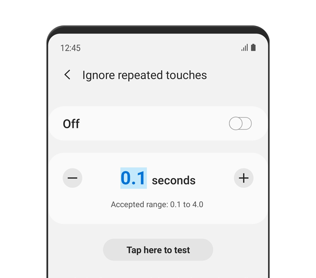 Ignore repeated touches is turned 'off'. Only the first tap is valid. Multiple touches will be ignored for the time you set. Tap to test it out.
