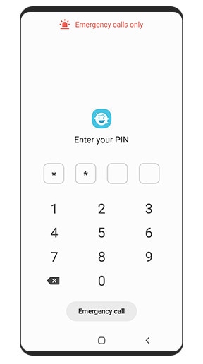 A GUI shows the Samsung Kids PIN lock screen with a prompt to enter your PIN and an emergency call button below the keypad.