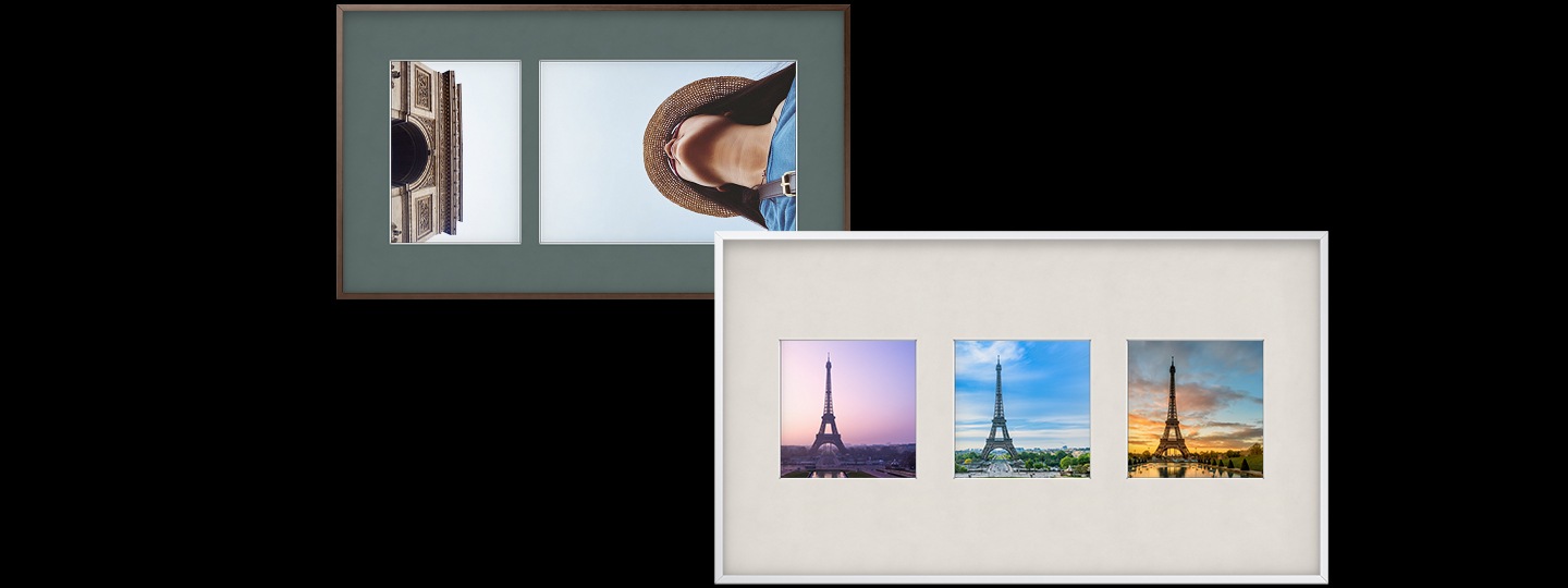 Two vacation pictures are displayed with matte layout and color filters from Samsung The Frame Art Mode as a unique way to display photos.