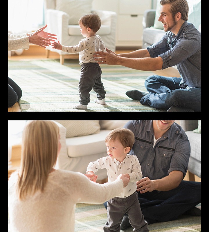 A family picture of a baby boy taking his first steps toward his parents' outstretched arms.