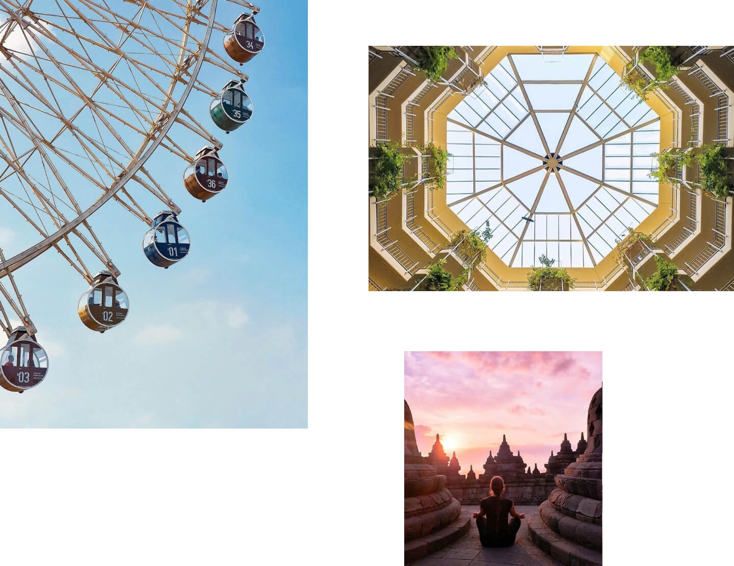 Sky photography of a ferris wheel, a view from below of skylight, and a girl meditating outside of a temple in Indonesia at sunset